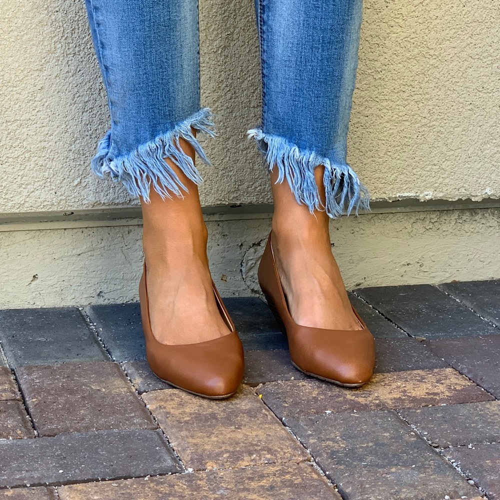 Cognac Genuine Leather Kitten Heel Wedge Pump - Picture 6 of 8